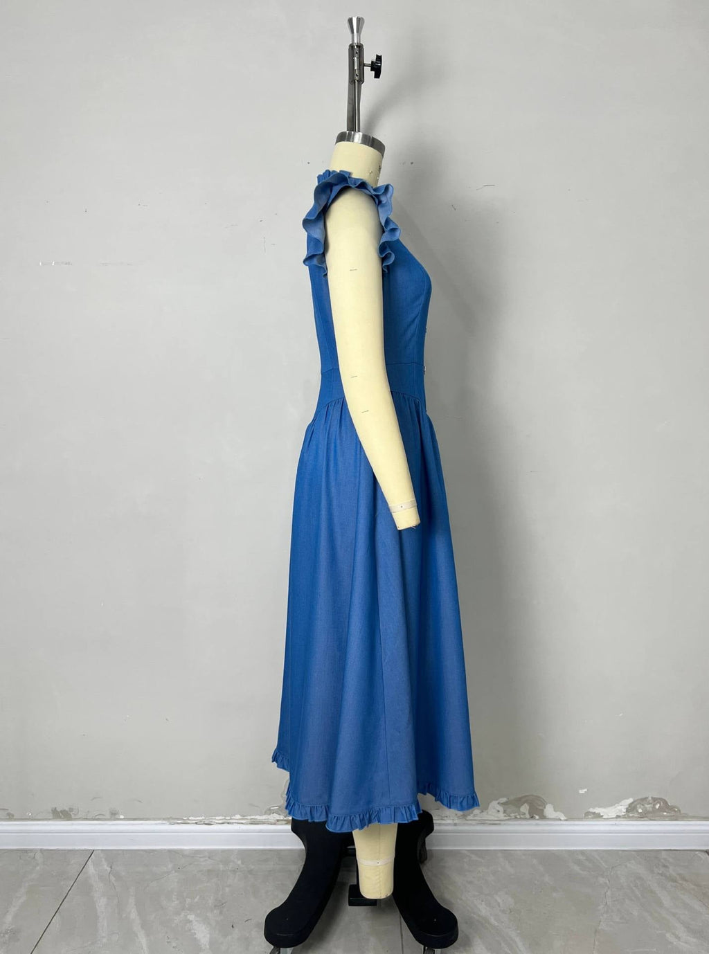 Flowering Girl Women Blue Denim Ruffle Cap Sleeve Button Front Flared Midi Dress