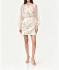 Flowering Girl Women Floral appliqué sheer organza blouse & mini skirt set - white