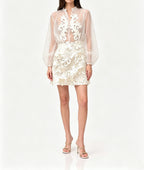 Flowering Girl Women Floral appliqué sheer organza blouse & mini skirt set - white