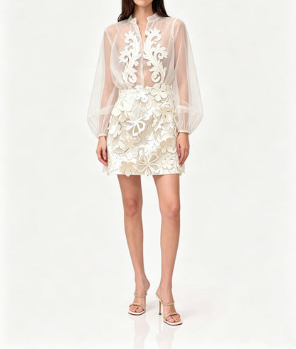 Floral appliqué sheer organza blouse & mini skirt set - white