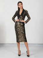 Flowering Girl Women High-Waisted Skirt Gold Sequin Print Blazer Suit In Black