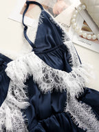 Flowering Girl Women Navy Spaghetti Strap V-Neck Tiered Lace Fringe Maxi Dress