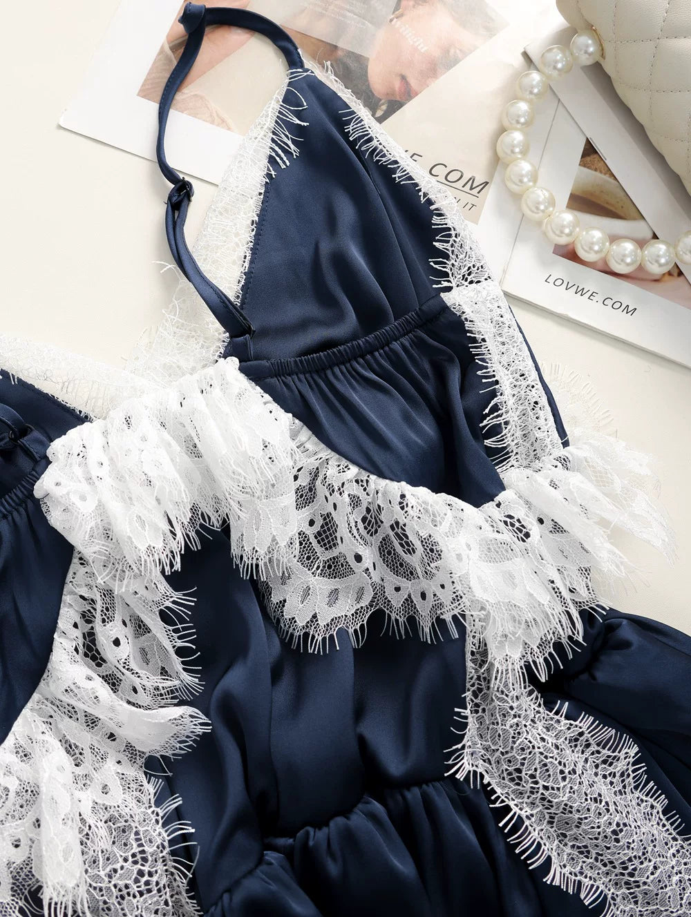 Flowering Girl Women Navy Spaghetti Strap V-Neck Tiered Lace Fringe Maxi Dress