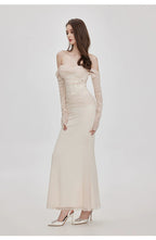 Ariel Apricot Mesh Off-Shoulder Mermaid Maxi Dress