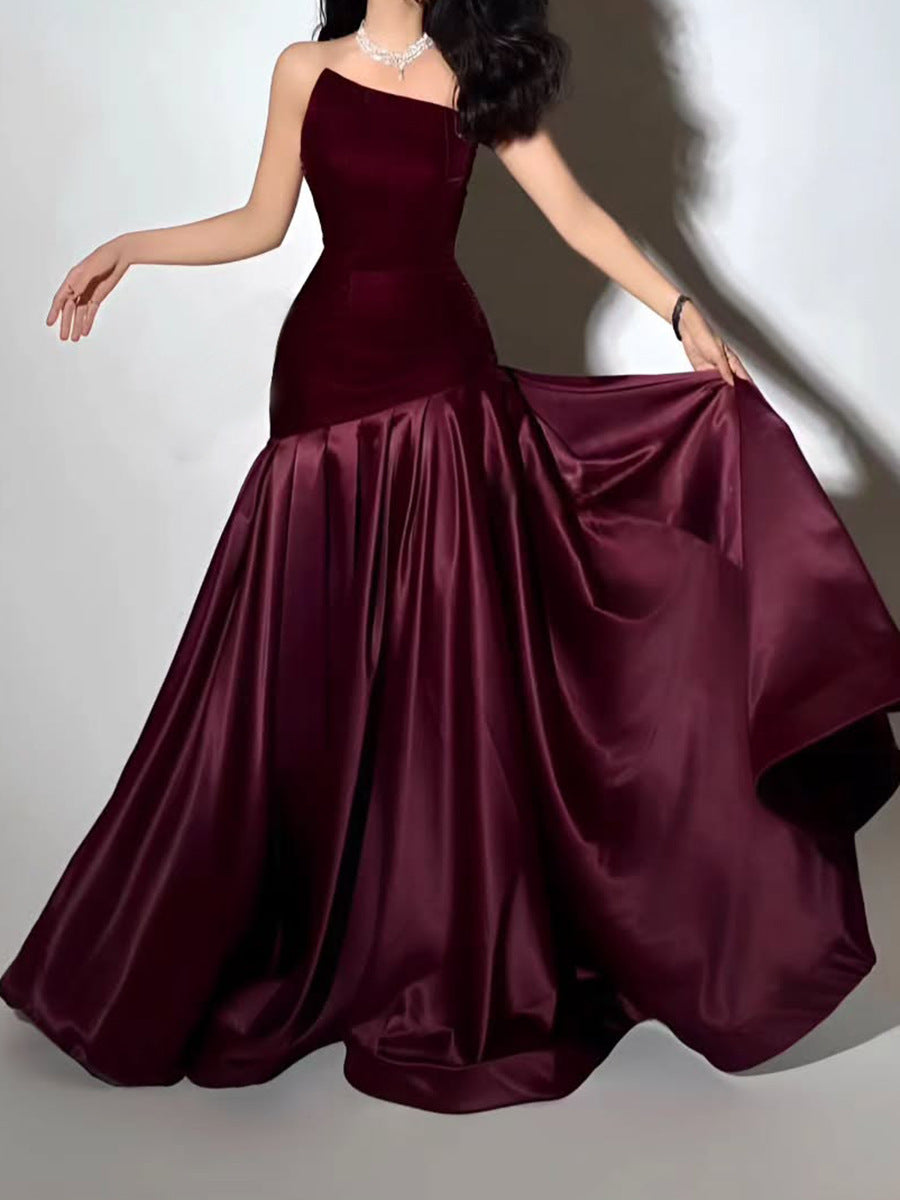 Flowering Girl Women tiffany Irregular splicing strapless maxi dress - burgundy