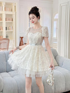 White Lace Sequin Puff Sleeve Mini Dress with Tulle Hem