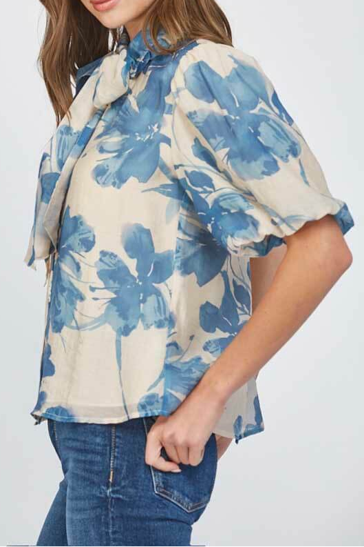 Beige & Blue Watercolor Floral Bow Neck Puff Sleeve Blouse
