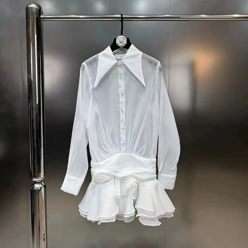 Flowering Girl Women Collared mesh ruffled long-sleeved shirt and skirt
