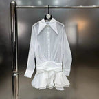Flowering Girl Women Collared mesh ruffled long-sleeved shirt and skirt