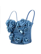 Flowering Girl Women Denim Top With Roses