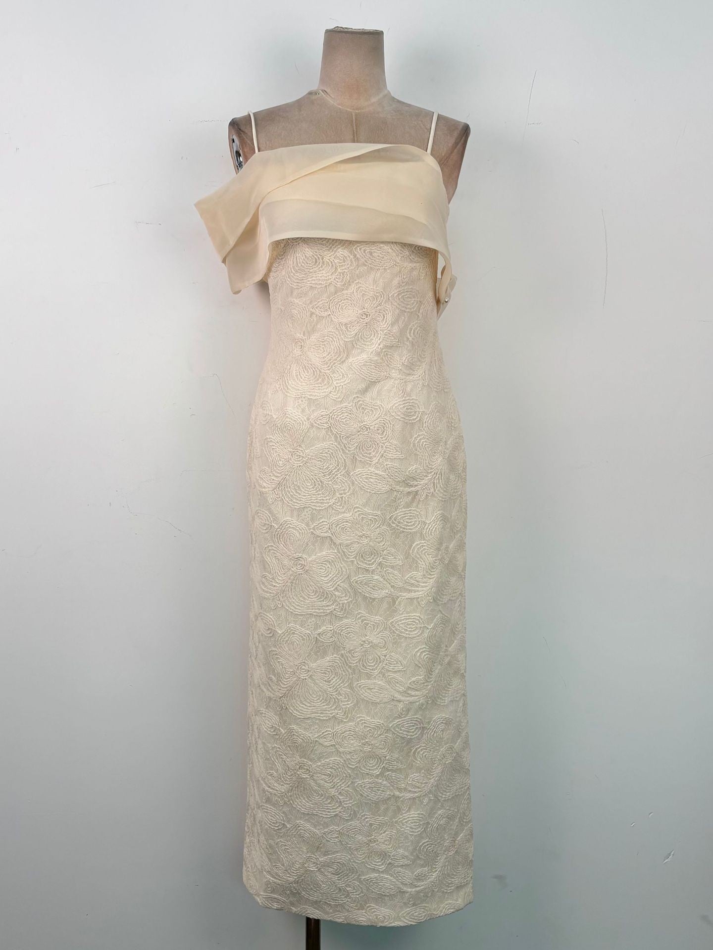 tiffany apricot Sheath off Shoulder Sleeve Lace Maxi Dress