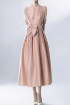Satin Puff Sleeve Bow Belt Midi Dress