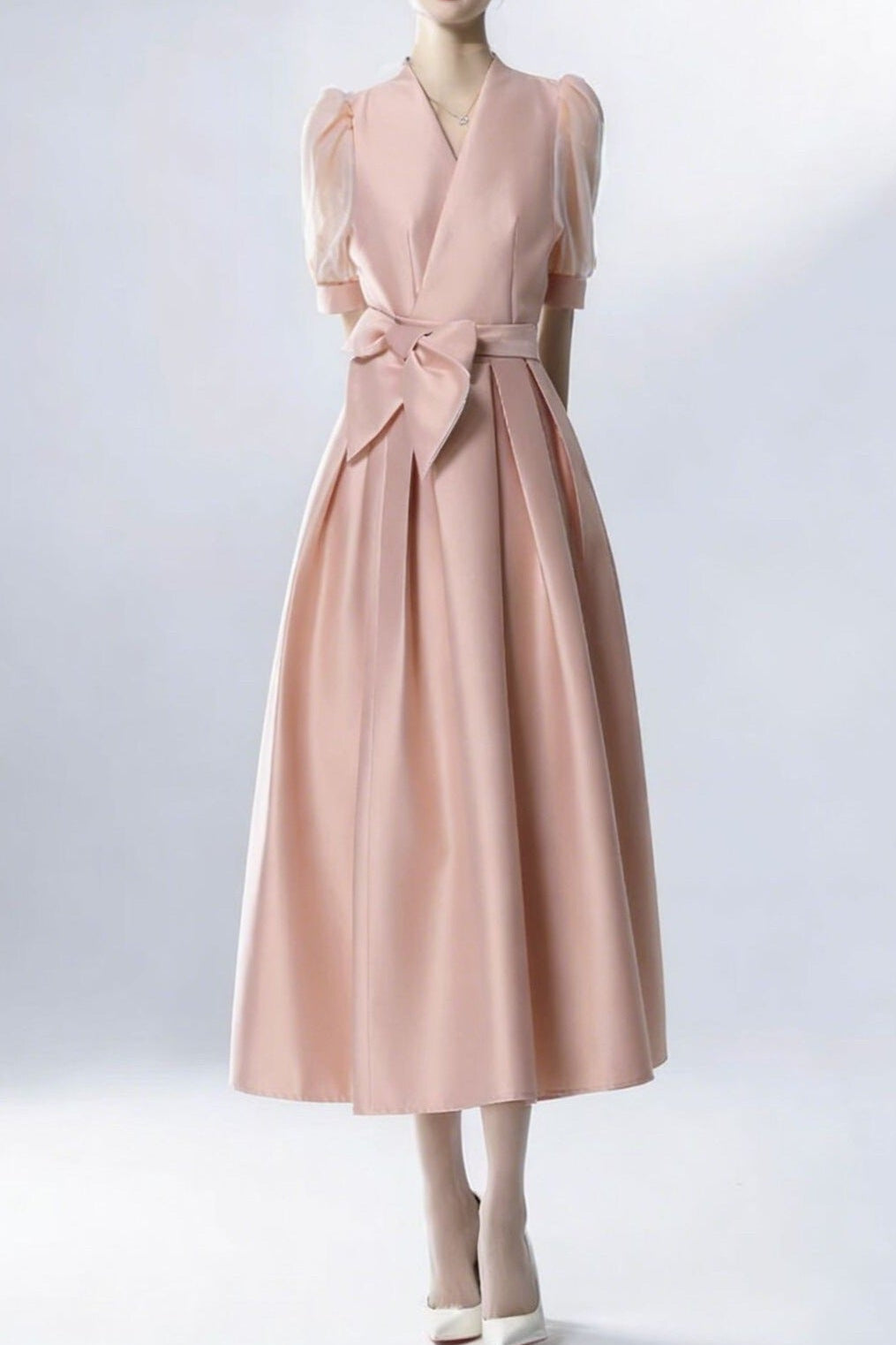 Satin Puff Sleeve Bow Belt Midi Dress