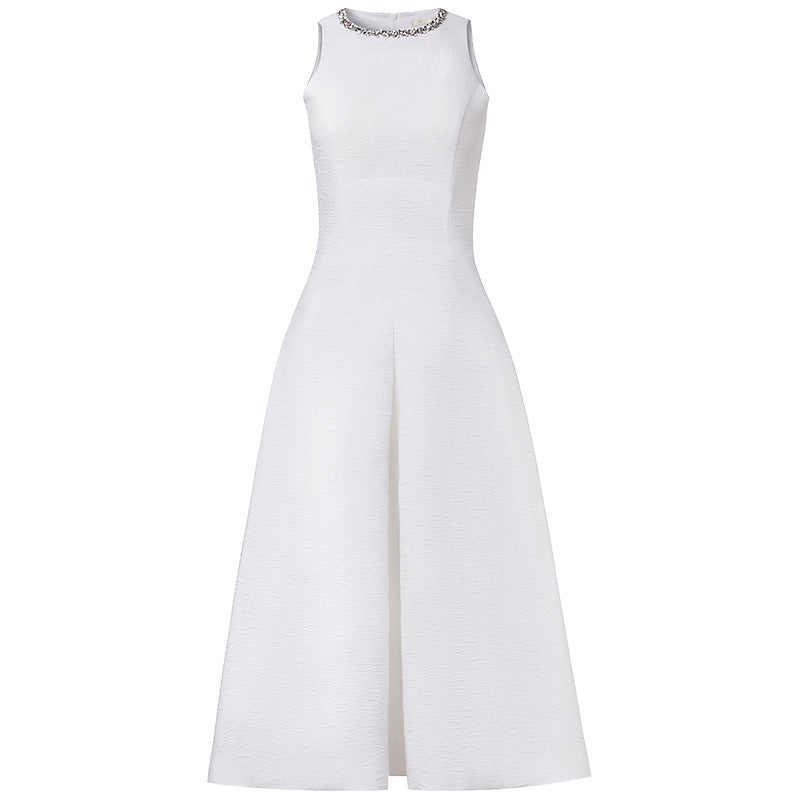 Ava Rhinestone Sleeveless Full Skirt Dress-White