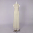 Flowering Girl Women Pearl tassel off-shoulder fishtail maxi dress - yellow