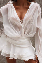 Flowering Girl Women Collared mesh ruffled long-sleeved shirt and skirt
