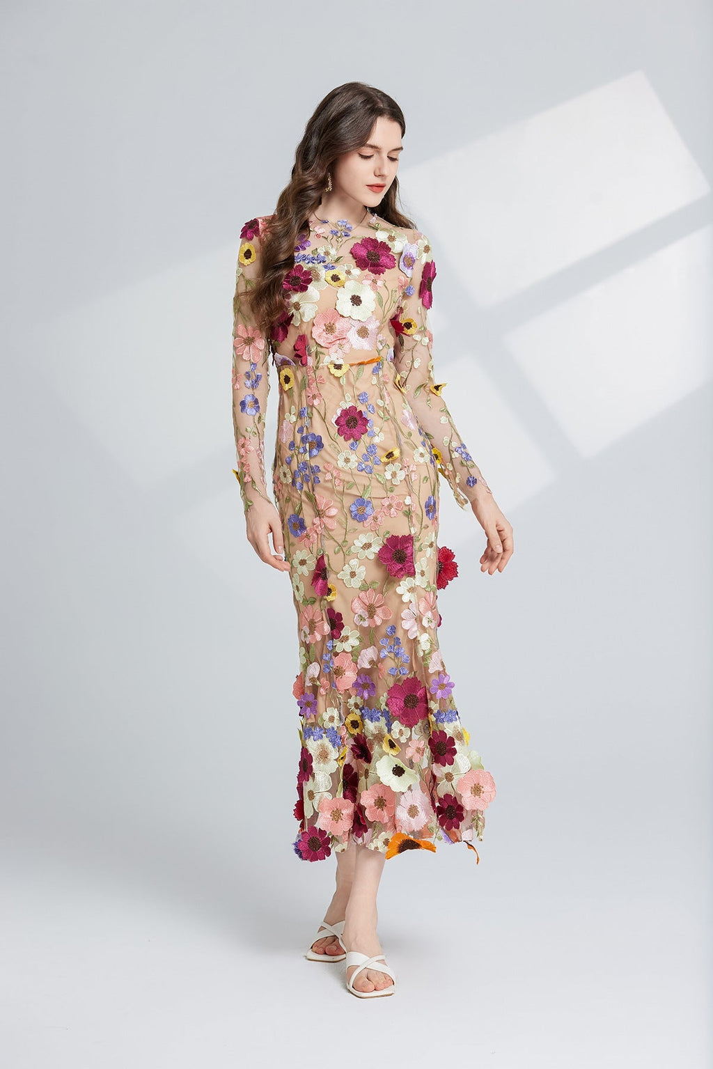 Flowering Girl Women CAROL brown FLORAL EMBROIDERY MESH LONG SLEEVE MIDI DRESS