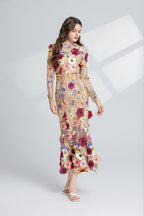 Flowering Girl Women CAROL brown FLORAL EMBROIDERY MESH LONG SLEEVE MIDI DRESS