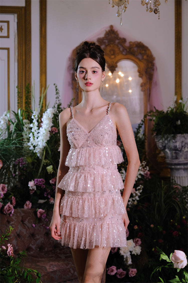 Pink Sleeveless Sequin Layer Ruffle Short Dinner Dress