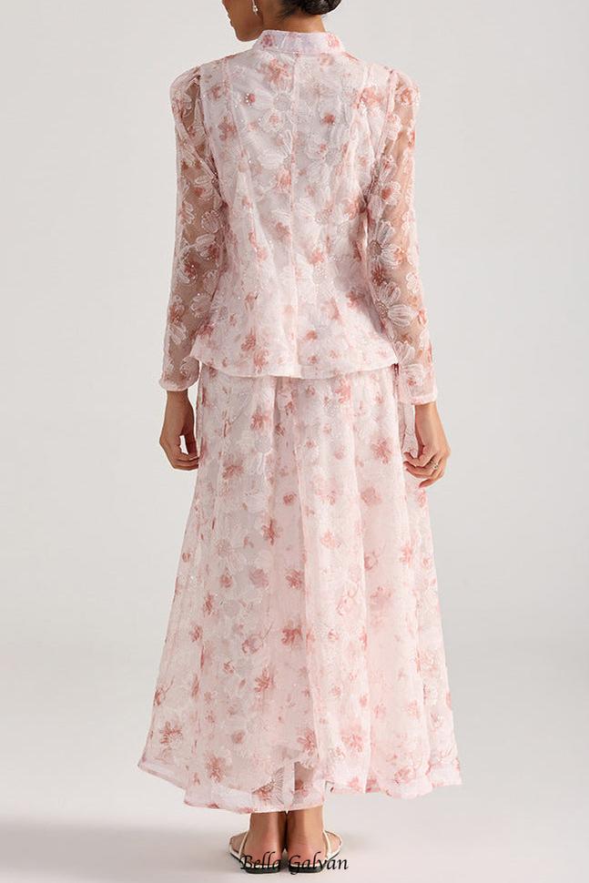 rebecca pink Floral embroidered long-sleeve top skirt set