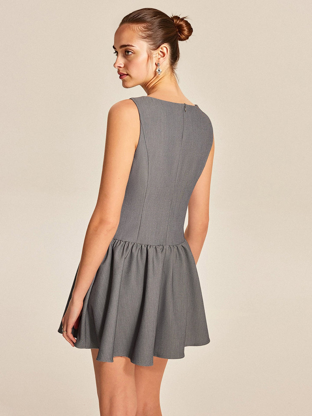 Flowering Girl Women Grey Boat Neck Sleeveless Button Front Gathered Flare Mini Dress