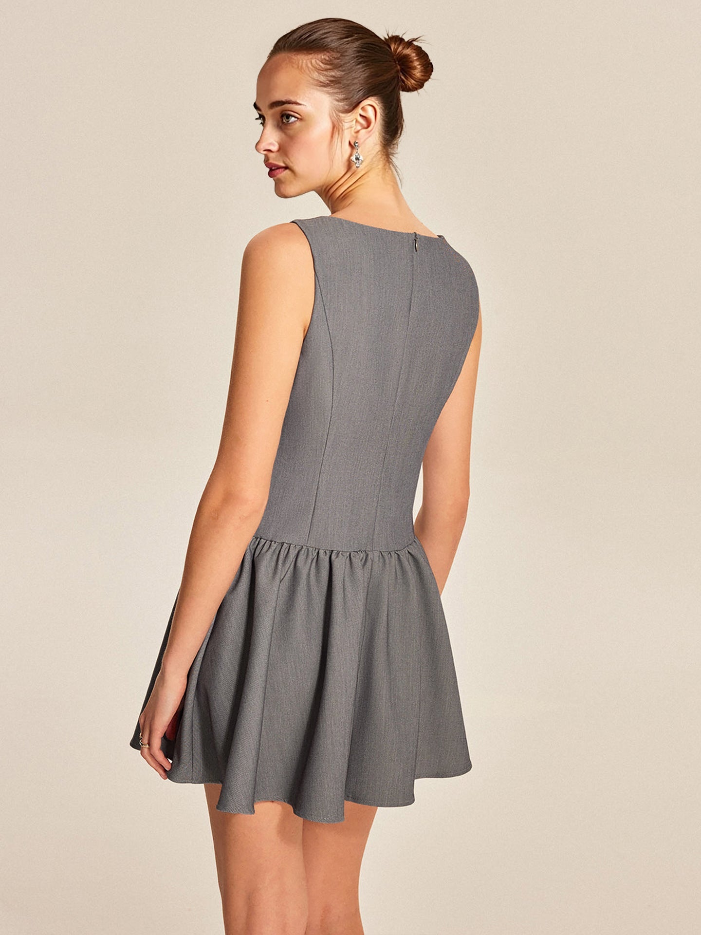 Flowering Girl Women Grey Boat Neck Sleeveless Button Front Gathered Flare Mini Dress