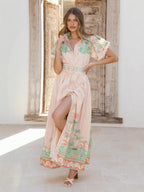 pink linen loose casual belt waist midi dress