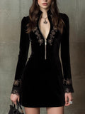 Flowering Girl Women Vintage Embroidered Fitted Velvet Mini Dress