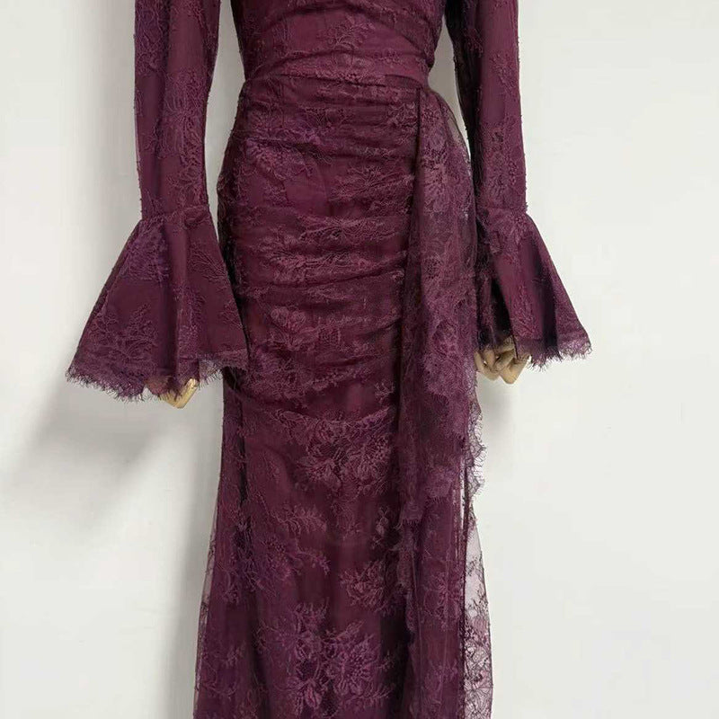 Flowering Girl Women victoria Long lantern sleevelace-trim maxi dress - burgundy