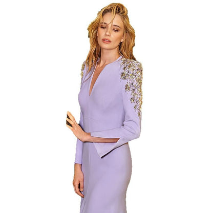 nail bead set diamond front slit small trailing long dress
