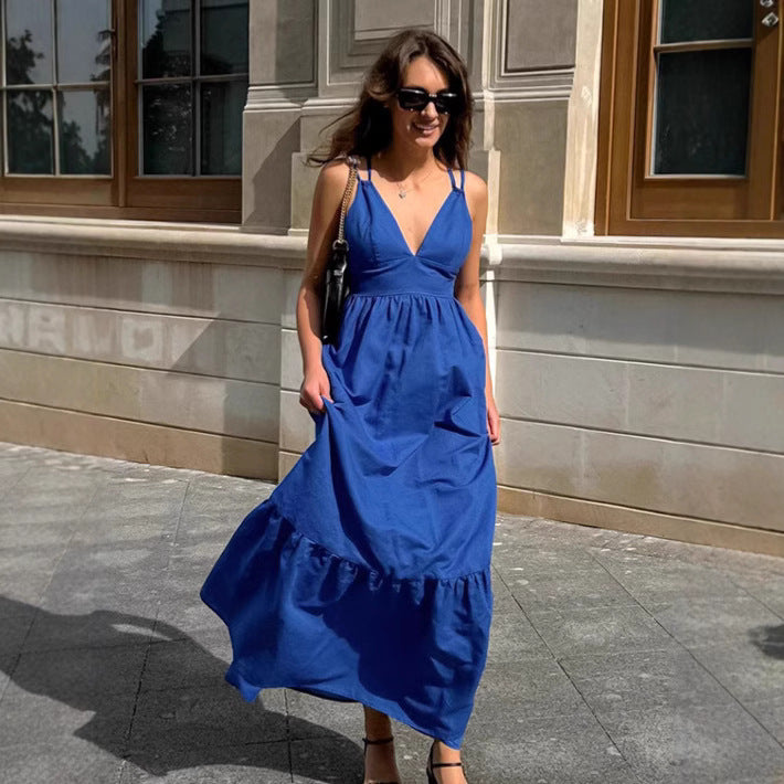 Flowering Girl Women Blue V-neck camisole linen A-line maxi dress