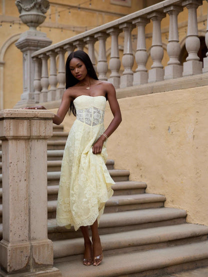 Amanda Yellow European American Style Sexy Backless Tie-Wrap Dress