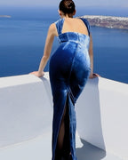 Flowering Girl Women josephine off-shoulder velvet sash gown in blue