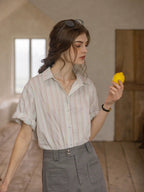 Flowering Girl Women striped color-block patched rolled-sleeve shirt