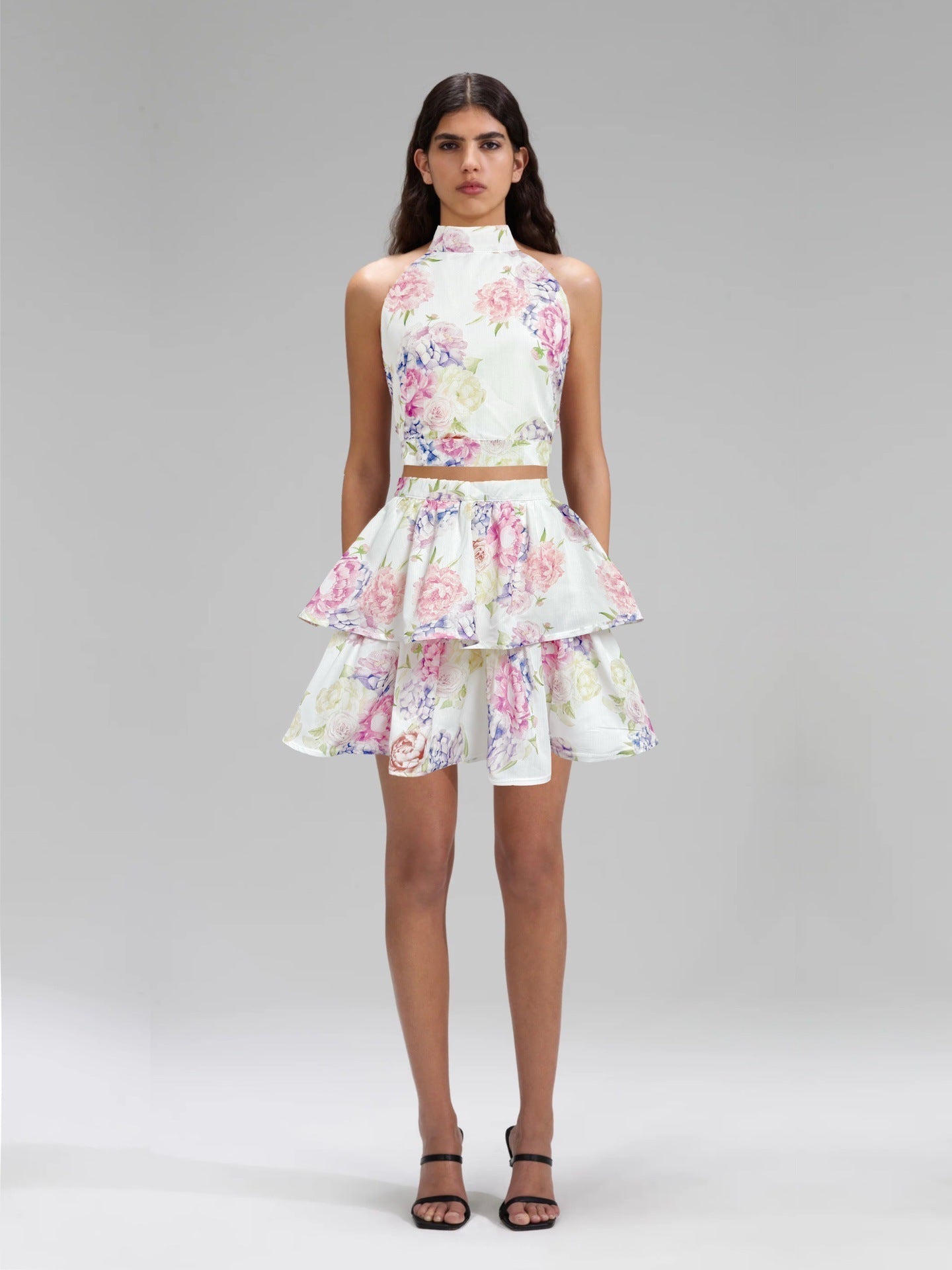jessica printed backless halter top skirt set in pink