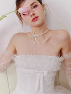 Flowering Girl Women cornelia Lace mesh ribbon A-line strapless mini dress - white