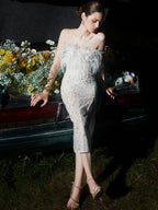 Masa White Haute Couture Feather Sequin Dress