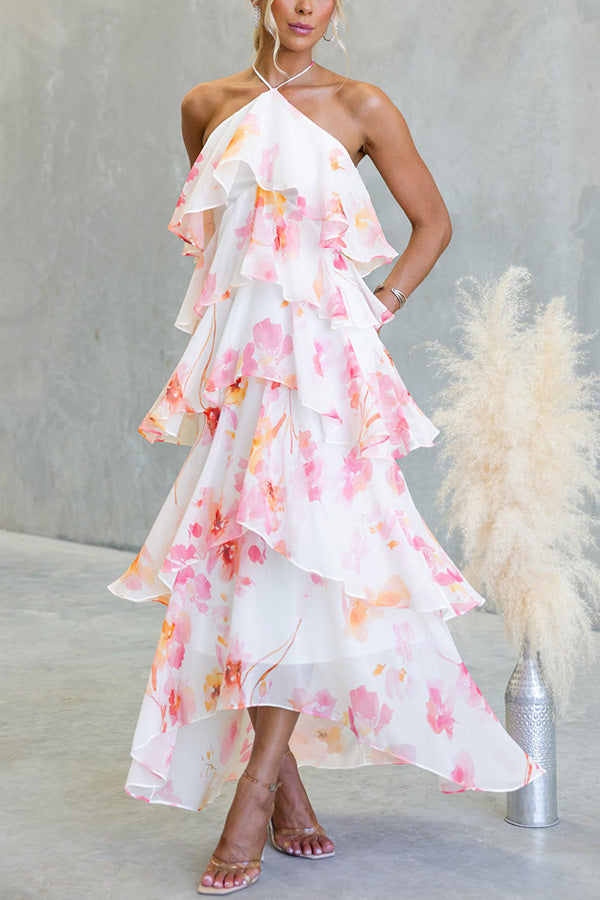 Floral Ruffle Halter Neck Midi Dress - pink