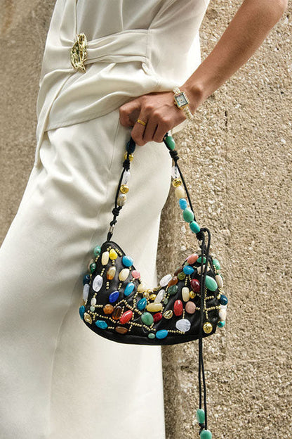 Beaded Crescent Shoulder Bag with Colorful Stone Embellishments