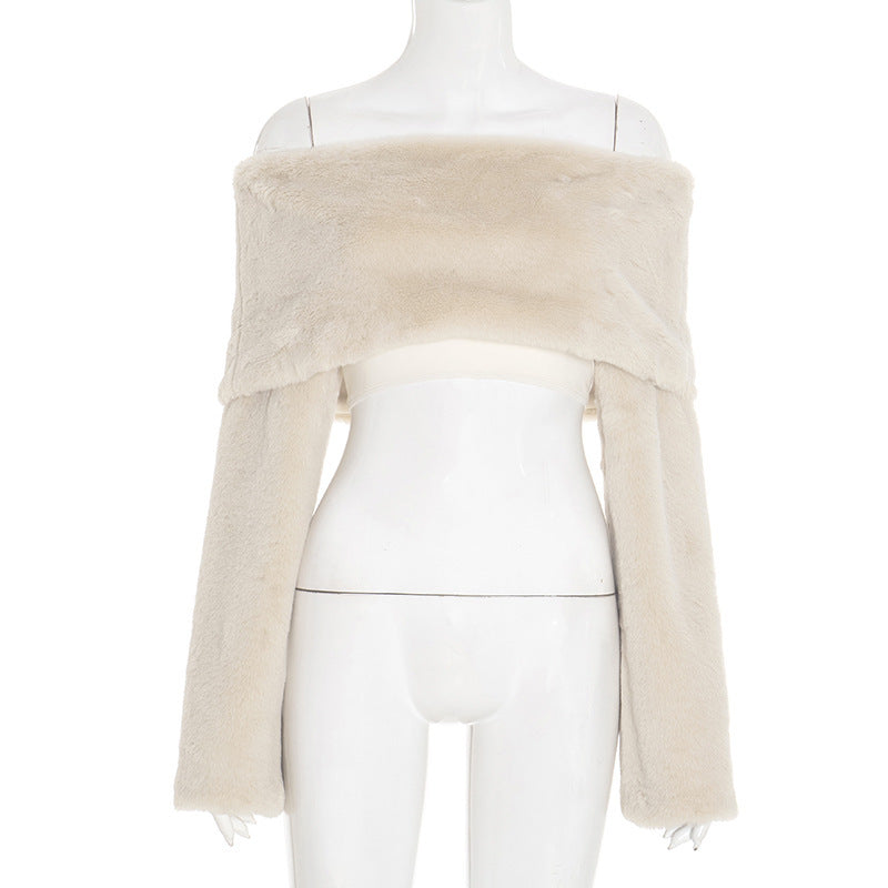 Verna Faux Fur Off-Shoulder Long Sleeve Top In Beige