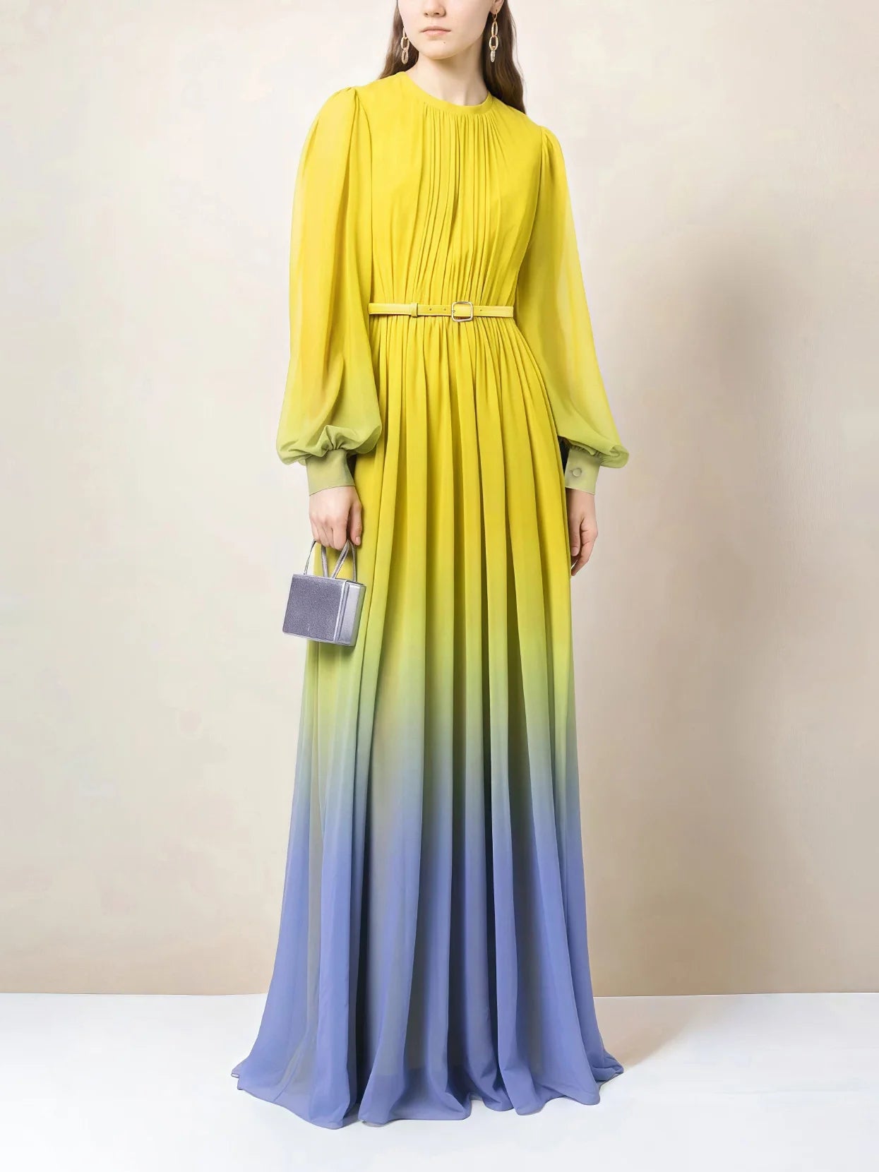 European and American niche gradient dresses, balloon sleeves, yellow long skirts, temperament, long-sleeved skirts, elegant women's long skirts