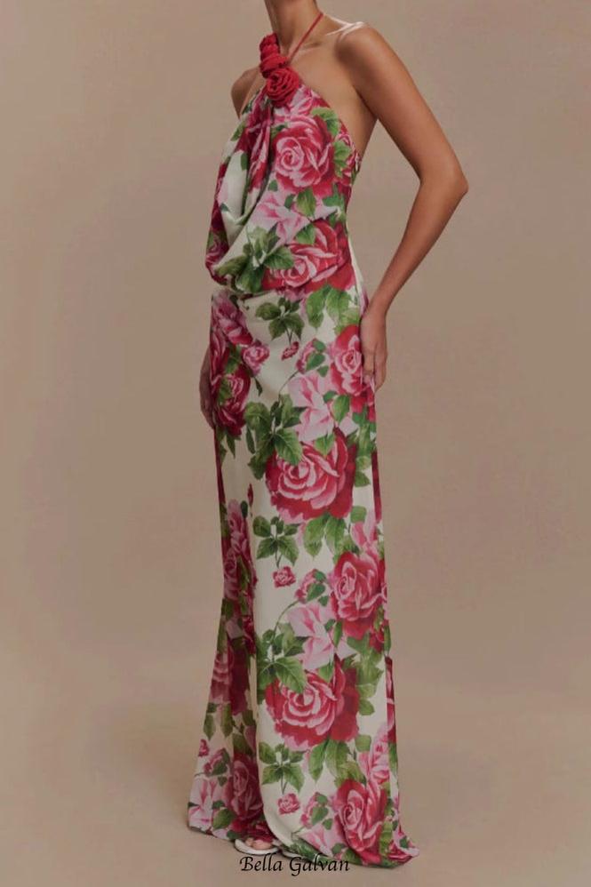 multicolor Floral halterneck high collar maxi dress