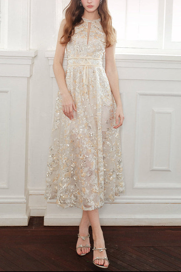 Gold Couture With Floral Embroidery Sequin Banquet Dress