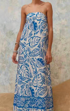 Tropical Leaf Print Strapless Maxi Dress