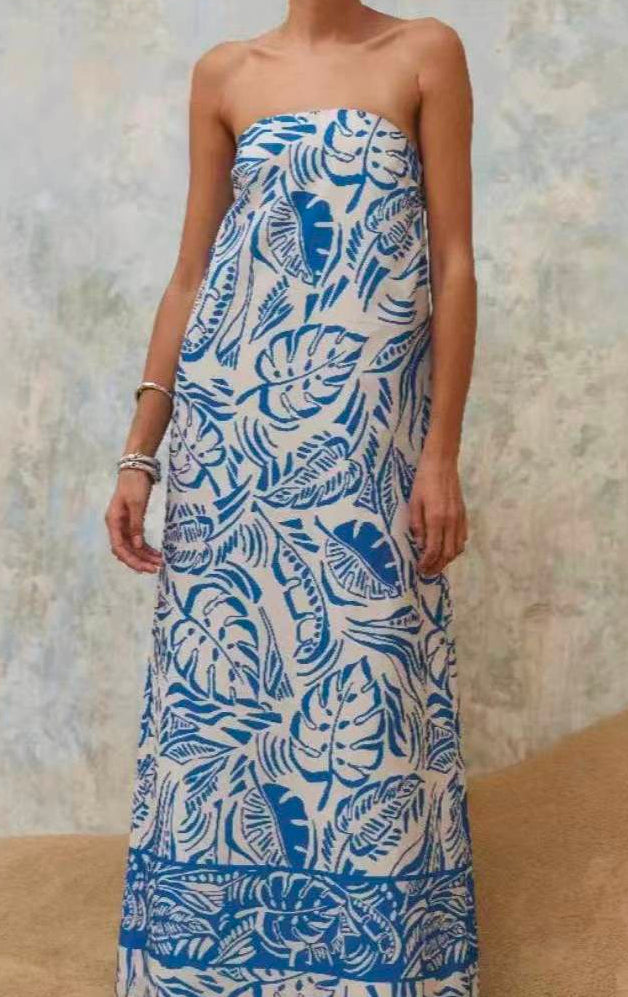 Tropical Leaf Print Strapless Maxi Dress