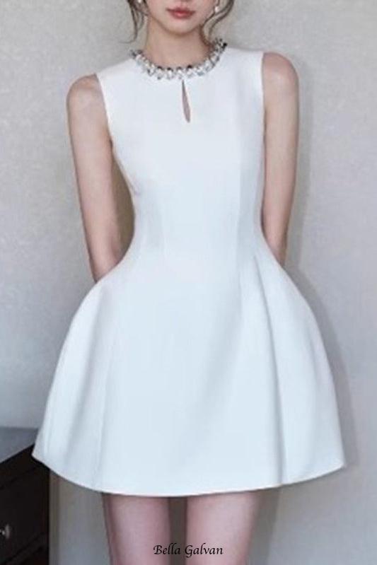 alyssa Round neck diamond sleeveless dress in white