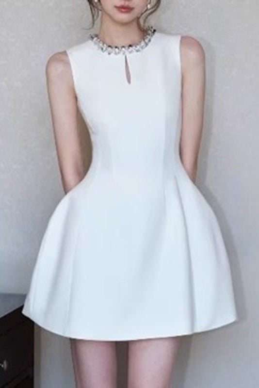 Flowering Girl Women Alyssa Round Neck Diamond Sleeveless Dress In White