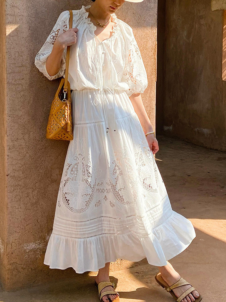 White Eyelet Lace Tiered Maxi Dress With Puff Sleeves