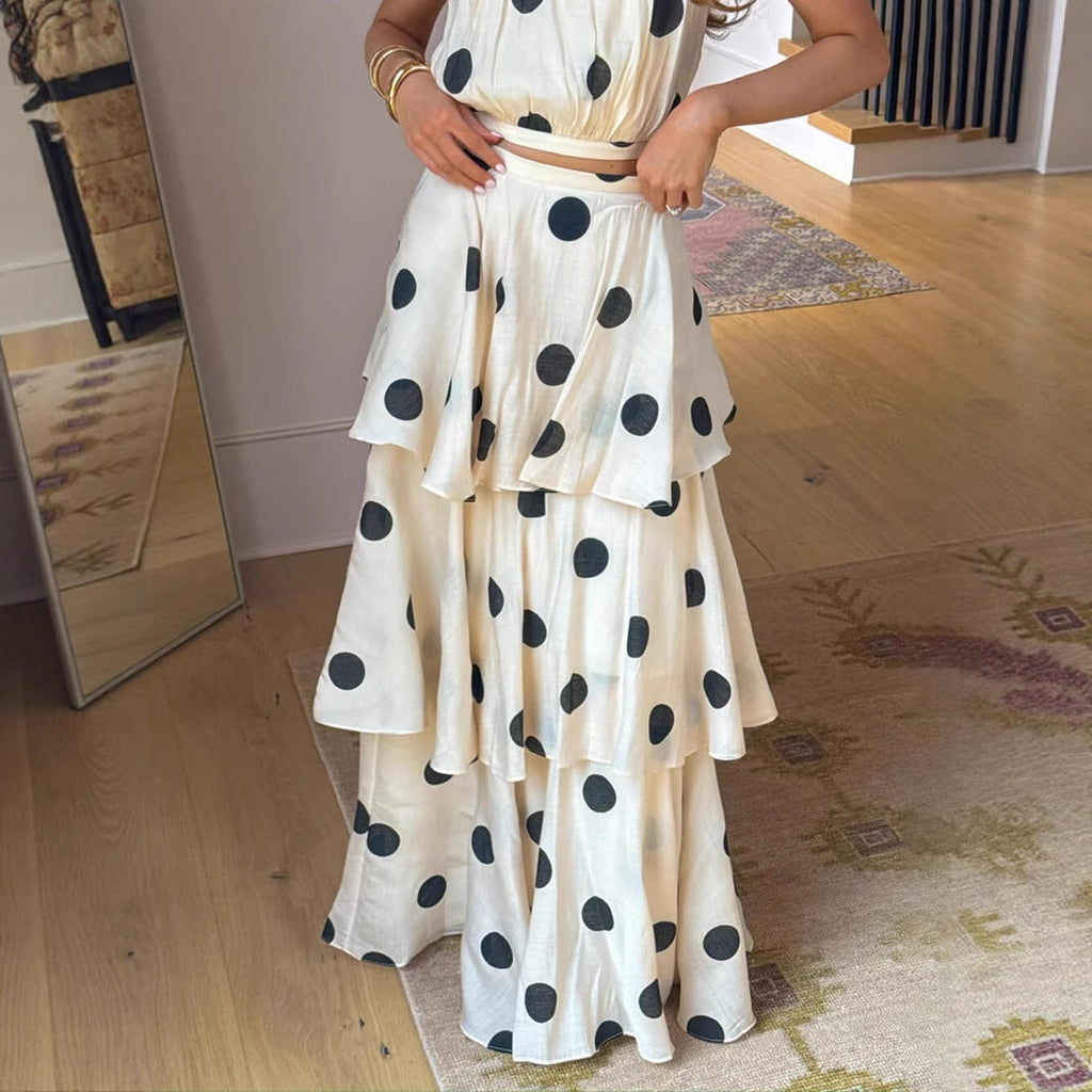 Flowering Girl Women polka dot print halterneck sleeveless top skirt set