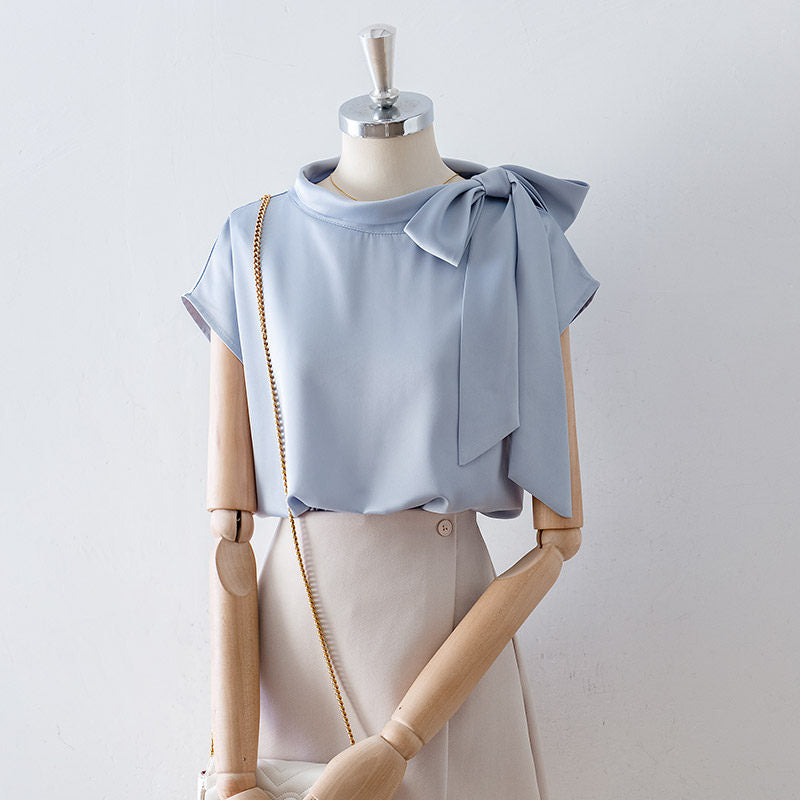 Flowering Girl Women Asymmetrical Side Big Bow Stand Collar Cap Sleeve Satin Blouse